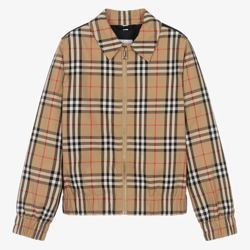 Burberry-Teen Boys Beige Cotton Check Zip-Up Jacket | Childrensalon