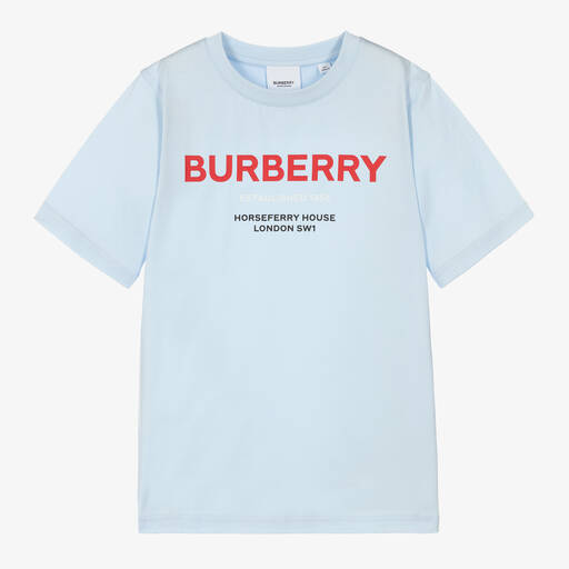 Burberry-تيشيرت تينز ولادي قطن لون أزرق فاتح | Childrensalon