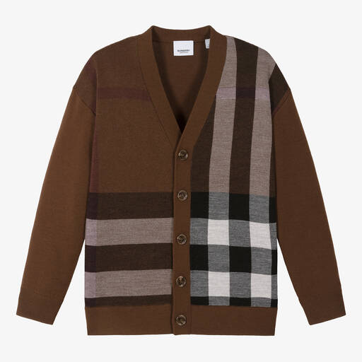 Burberry-Cardigan marron en laine à carreaux | Childrensalon
