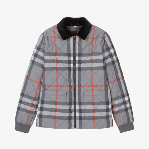Burberry-Teen Boys Grey Oversized Check Quilted Jacket | Childrensalon