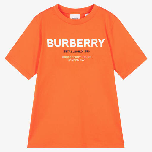 Burberry-تيشيرت تينز ولادي قطن لون برتقالي | Childrensalon
