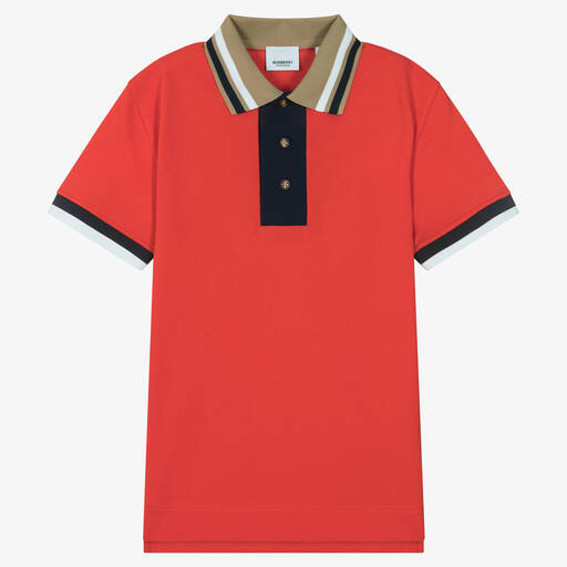 Burberry-Teen Boys Red Cotton Varsity Polo Shirt | Childrensalon