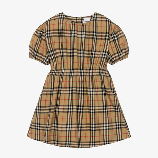Burberry-فستان تينز بناتي قطن تويل كاروهات لون بيج | Childrensalon