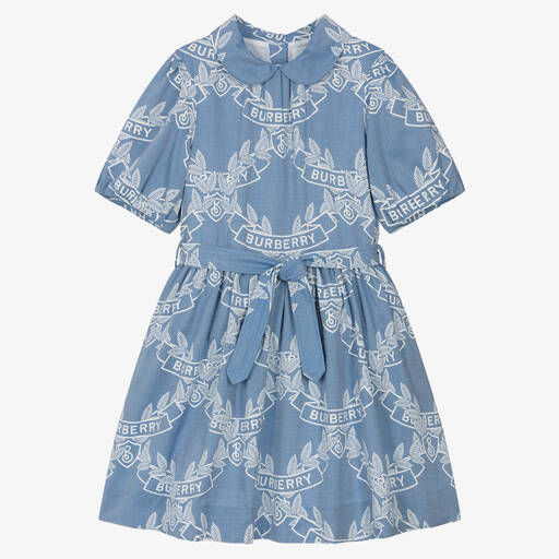 Burberry-فستان تينز بناتي قطن شامبري لون أزرق | Childrensalon
