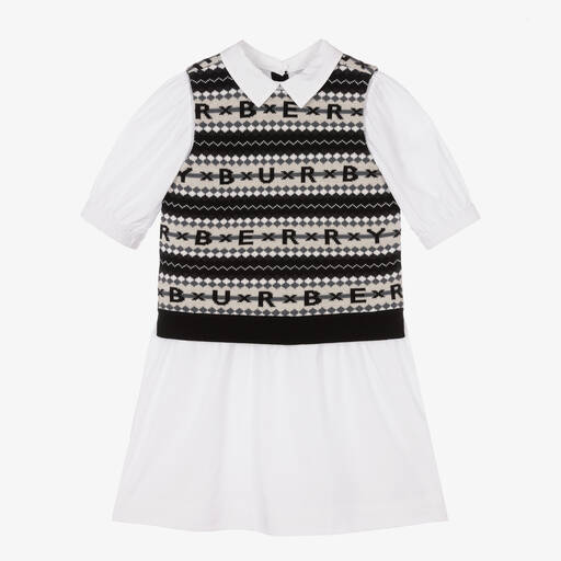 Burberry-فستان تينز بناتي قطن لون أبيض وأسود | Childrensalon