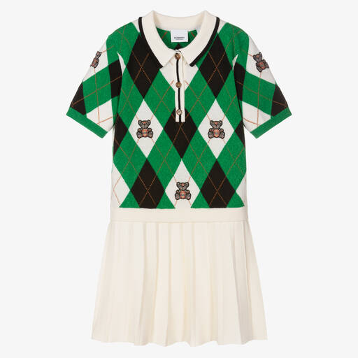 Burberry-فستان صوف محبوك لون أخضر وعاجي تينز بناتي | Childrensalon