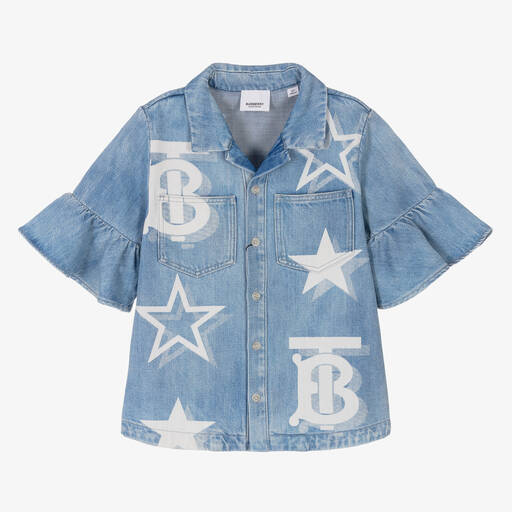Burberry-Голубая джинсовая рубашка с принтом-монограммой | Childrensalon