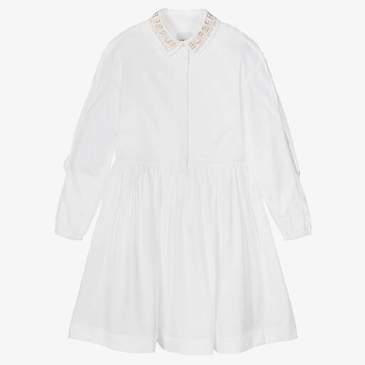 Burberry-فستان قميص قطن بوبلين لون أبيض تينز بناتي | Childrensalon