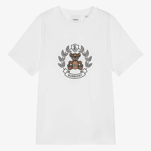 Burberry-Teen White Cotton Crest T-Shirt | Childrensalon