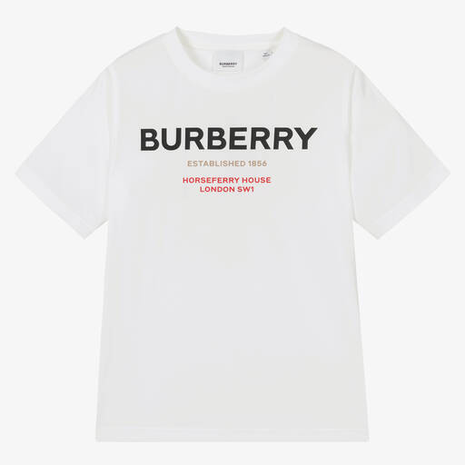 Burberry-Teen White Cotton Logo T-Shirt | Childrensalon