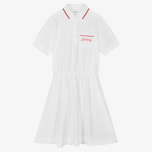 Burberry-فستان تينز بناتي قطن عضوي بيكيه لون أبيض | Childrensalon