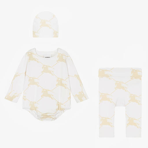 Burberry-White & Beige Cotton EKD Babysuit Set | Childrensalon