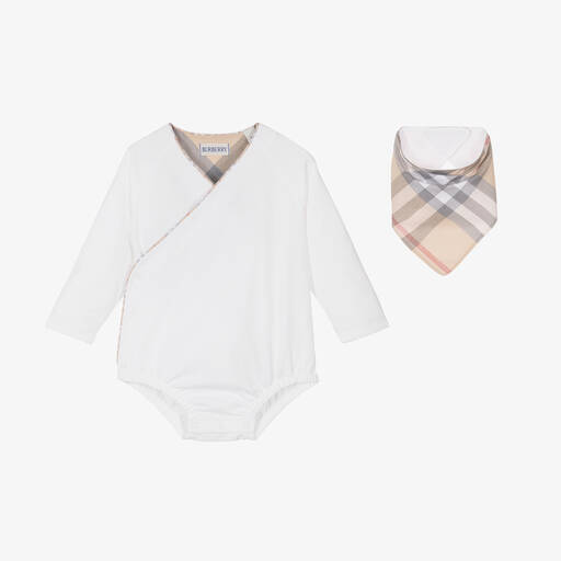 Burberry-White Cotton Babysuit Gift Set | Childrensalon