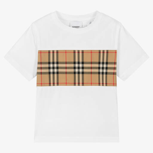 Burberry-T-shirt blanc en coton à carreaux | Childrensalon