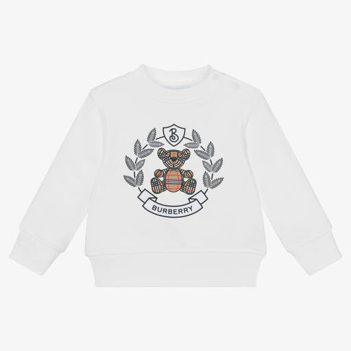 Burberry-White Cotton Crest Baby Sweatshirt | Childrensalon