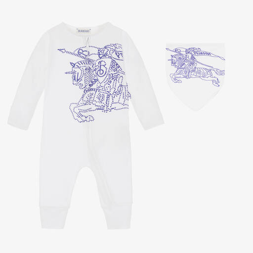 Burberry-White Cotton EKD Babysuit Gift Set | Childrensalon