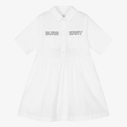 Burberry-فستان قميص قطن بوبلين لون أبيض للبنات | Childrensalon
