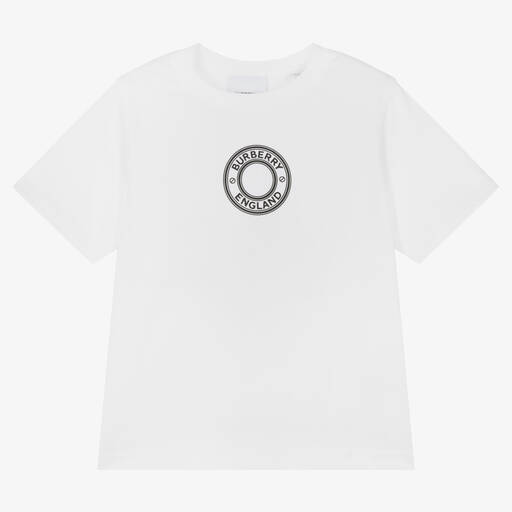 Burberry-White Cotton Logo T-Shirt | Childrensalon