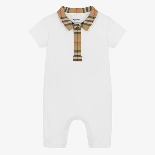 Burberry-أوفرول رومبر قطن بيكيه كاروهات لون أبيض للأطفال | Childrensalon