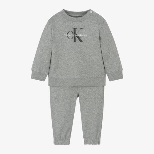 Calvin Klein-Baby Boys Grey Cotton Monogram Tracksuit | Childrensalon