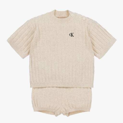 Calvin Klein-Beige Cotton & Linen Baby Shorts Set | Childrensalon