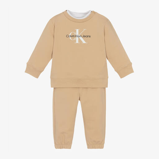 Calvin Klein-Beige Cotton Monogram Tracksuit Baby Gift Set | Childrensalon