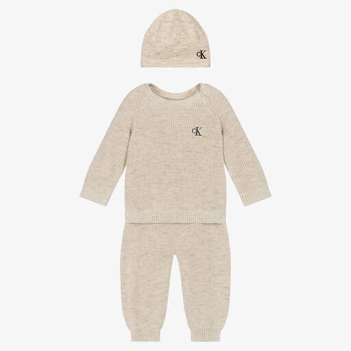 Calvin Klein-Beige Knitted Baby Trouser Gift Set | Childrensalon