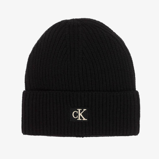 Calvin Klein-Black Knitted Beanie Hat | Childrensalon