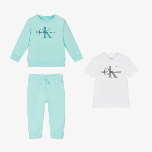 Calvin Klein-طقم هدية بدلة رياضية قطن لون أخضر تركواز | Childrensalon