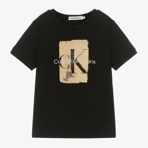 Calvin Klein-Boys Black Cotton Monogram T-Shirt | Childrensalon
