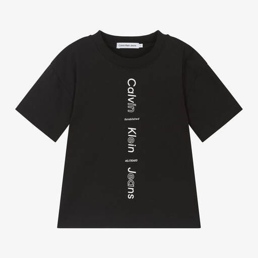 Calvin Klein-Boys Black Cotton T-Shirt | Childrensalon