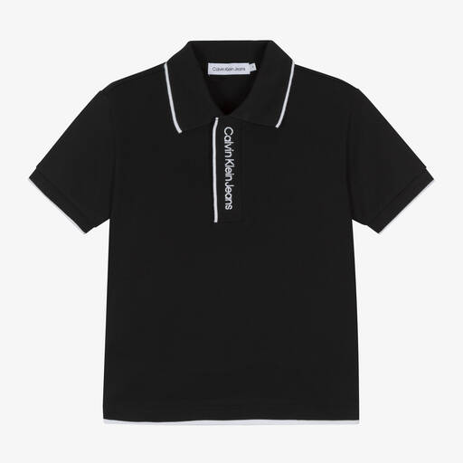 Calvin Klein-Boys Black Embroidered Cotton Polo Shirt | Childrensalon