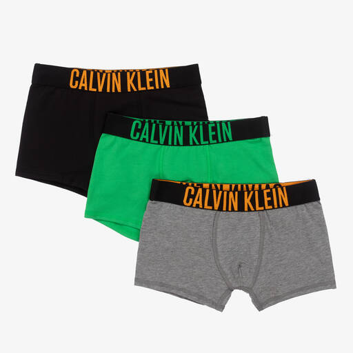 Calvin Klein-Черные, серые и зеленые трусы-боксеры из хлопка (3шт.) | Childrensalon