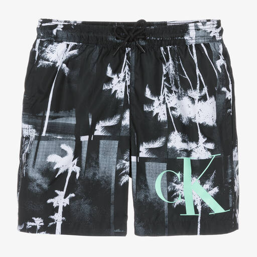 Calvin Klein-Boys Black Palm Tree Print Swim Shorts | Childrensalon