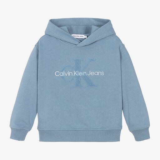 Calvin Klein-Boys Blue Cotton Monogram Hoodie | Childrensalon