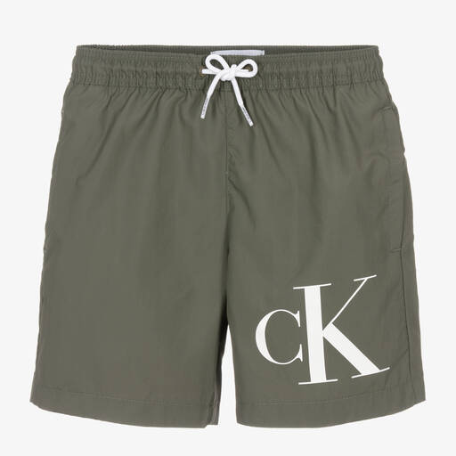 Calvin Klein-Boys Green Monogram Swim Shorts | Childrensalon