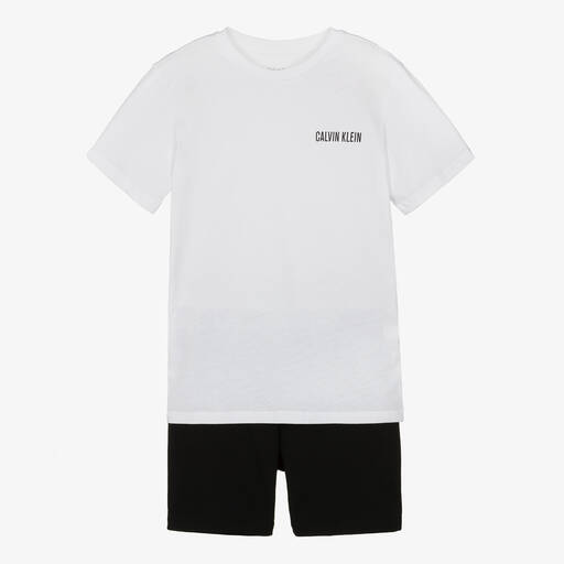 Calvin Klein-Boys White & Black Cotton Short Pyjamas | Childrensalon