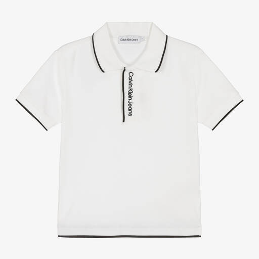 Calvin Klein-Boys White Embroidered Cotton Polo Shirt | Childrensalon