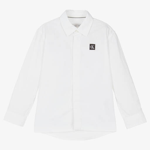 Calvin Klein-Boys White Monogram Cotton Poplin Shirt | Childrensalon