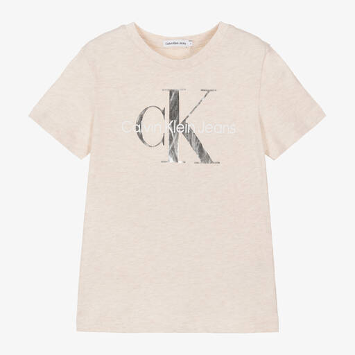 Calvin Klein-Girls Beige Cotton T-Shirt | Childrensalon