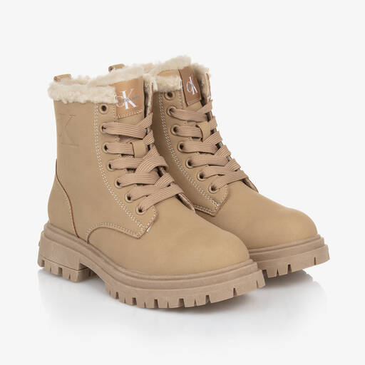 Calvin Klein-Girls Beige Faux Leather Boots | Childrensalon