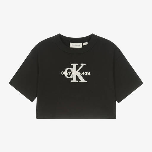 Calvin Klein-Girls Black Cotton Monogram Logo T-Shirt | Childrensalon