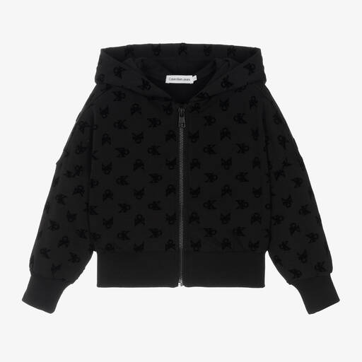 Calvin Klein-Girls Black Cotton Zip-Up Hoodie | Childrensalon