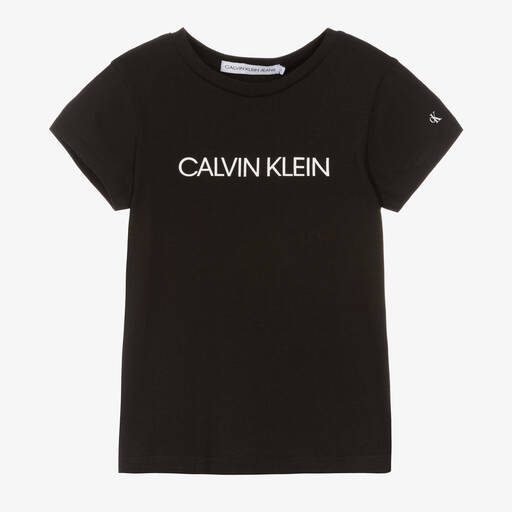 Calvin Klein Jeans-Girls Black Organic Cotton Logo T-Shirt | Childrensalon
