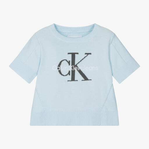 Calvin Klein-Pull bleu en maille de coton fille | Childrensalon