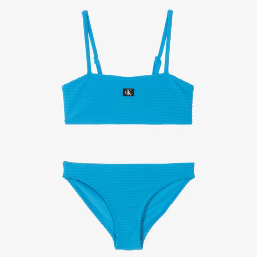 Calvin Klein-Girls Blue Ribbed Monogram Bikini | Childrensalon