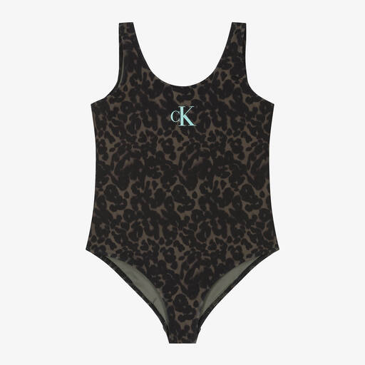 Calvin Klein-Girls Green Leopard Print Swimsuit | Childrensalon