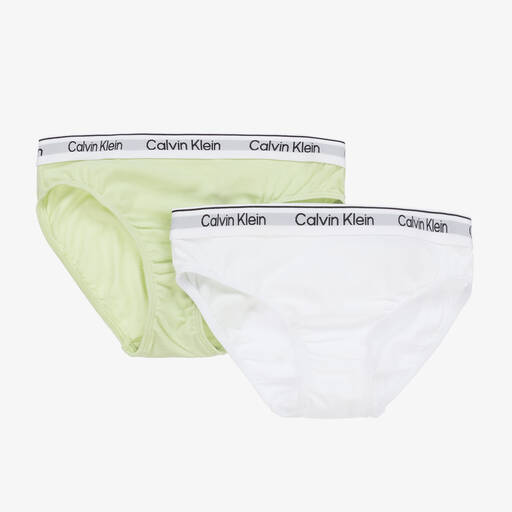 Calvin Klein-سروال داخلي قطن لون أخضر وأبيض للبنات (عدد 2) | Childrensalon