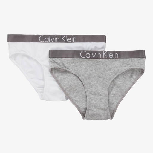 Calvin Klein-Girls Grey & White Cotton Knickers (2 Pack) | Childrensalon
