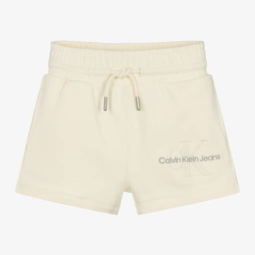 Calvin Klein-Girls Ivory Cotton Monogram Shorts | Childrensalon